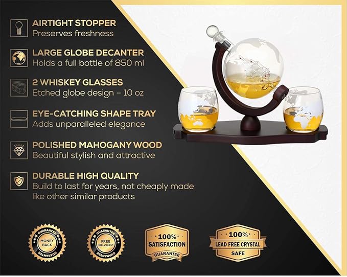 Whiskey Globe Decanter Set with 2 Etched Globe Glasses in Gift Box - Home Bar Accessories for Liquor, Whiskey, Brandy, Gin, Rum, Tequila, Vodka, and Brandy