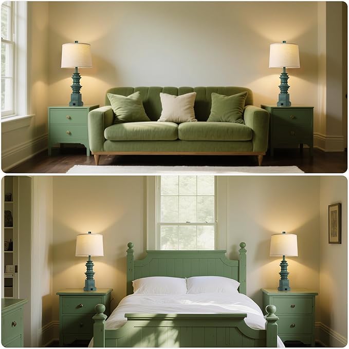 QiMH Table Lamps for Nightstand Set of 2, Bedside Lamp with USB A+C Charging Ports, Farmhouse Table Lamp with Linen Lampshade, Lamps for Living Room, Bedroom Lamps with LED Bulbs, Green