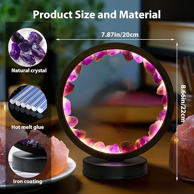 Runyangshi Amethyst Night Lamp 8.6" Natural Healing Crystal Bedside Lamp USB Port 3 Colours Dimming Mode Bedroom Lamp Suitable Night Light for Living Room Bedroom Office Home Decor Ideal Gift