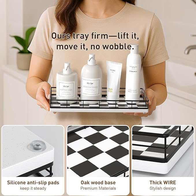 Toilet Tank Tray Organizer – Oak Wood Bathroom Counter Basket with Metal Frame, Back of Toilet or Tank Top Paper Holder Storage – Black & White Modern Decor