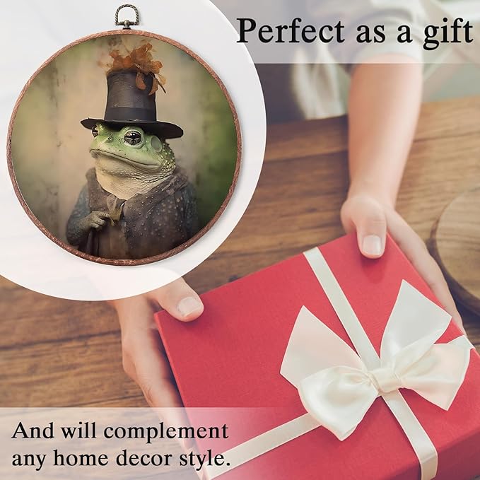 Frog Vintage Round Art Wall Hanging, Iron hanging eyelet, Modern Living Room Wall Decor, medieval framed artwork canvas print, for home bedroom rustic farmhouse decoration - A02