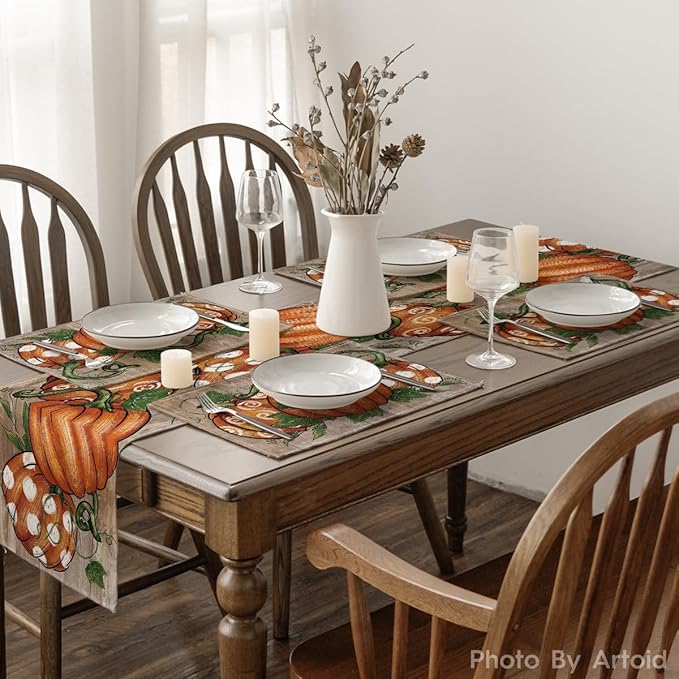 Artoid Mode Wood Polka Dot Pumpkins Fall Placemats Set of 6, 12x18 Inch Seasonal Table Mats for Table Runner Party Kitchen Dining Decoration