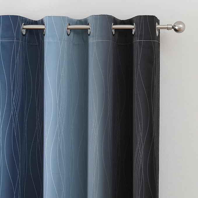 Estelar Textiler Black and Navy Blue Ombre Blackout Curtains 45 Inch Length, Full Room Darkening Gradient Drapes for Kitchen, Thermal Insulated Grommet Short Curtains for Bathroom, 52Wx45L, 2 Panels