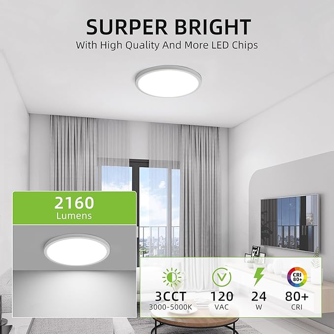 hykolity 2 Pack 12 Inch Selectable CCT LED Round Flat Panel Light, 24W 3000K/4000K/5000K, Edge-Lit Flush Mount Ceiling Light Fixture for Kitchen, Bedroom, Laundry and Closet Room,White