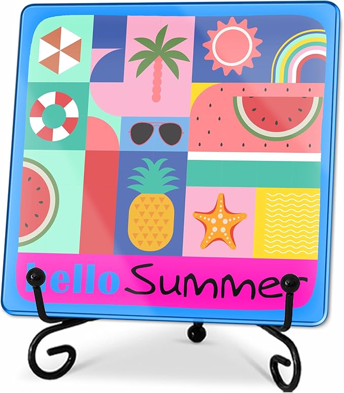 Hello Summer Acrylic Sign With A Metal Support - 4x4" Seasonal Abstract Summer Vibe Tabletop Acrylic Plaque - Home Desk Office Shelf Aesthetic Display Art Decoration & Favors For Women Men - A04