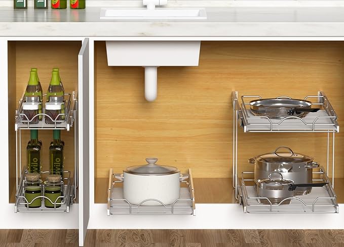 OCG Pull Out Cabinet Organizer 2 Pack (18" W x 21" D), Pull out Shelves 1 Tier, Cabinet Slide Out Shelves for Base Cabinet Organization in Kitchen Bathroom Pantry, Bottom Mount, Chrome Finish