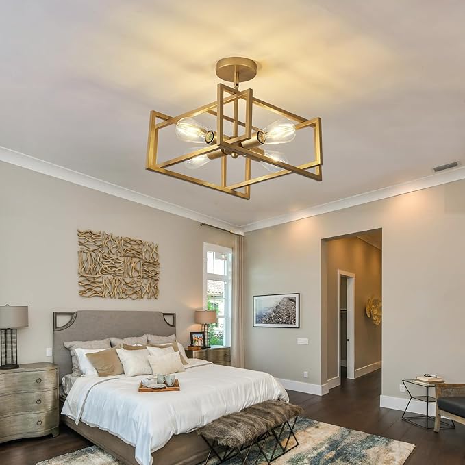 ZGLAOJT 4-Lights Ceiling Light Gold Light Fixture Industrial Flush Mount Ceiling Light Farmhouse Chandelier Lighting for Kitchen Island Dining Room Bedroom Foyer Hallway