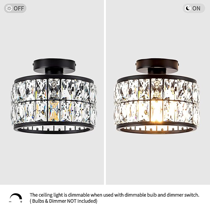 Crystal Ceiling Light Fixture, Modern Semi Flush Mount Ceiling Light,Crystal Chandelier for Kitchen Bedroom Bathroom Entryway, Black Finish
