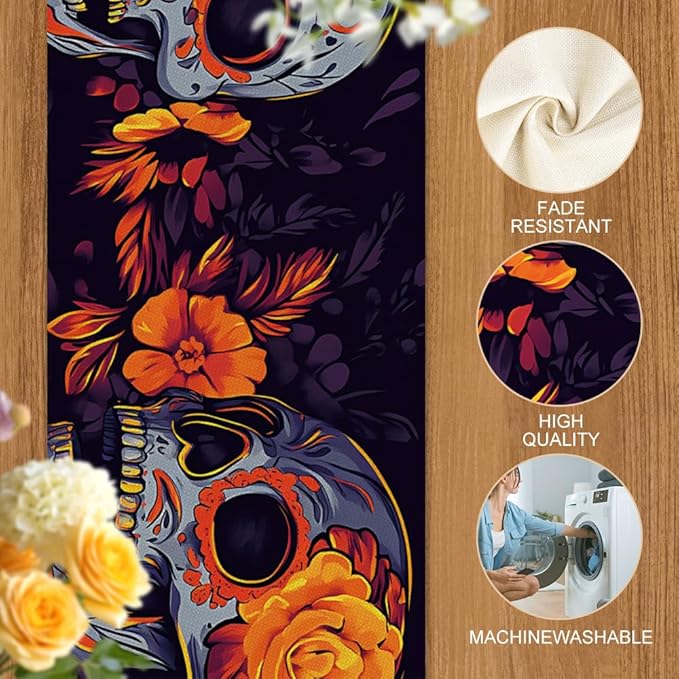 ANNA QUEEN Skull Flower Halloween Table Runner 13 x 72 Inch for Dining Table, Table Runner for Fall Dining Decor Indoor Outdoor Party Home Table Halloween Decoration