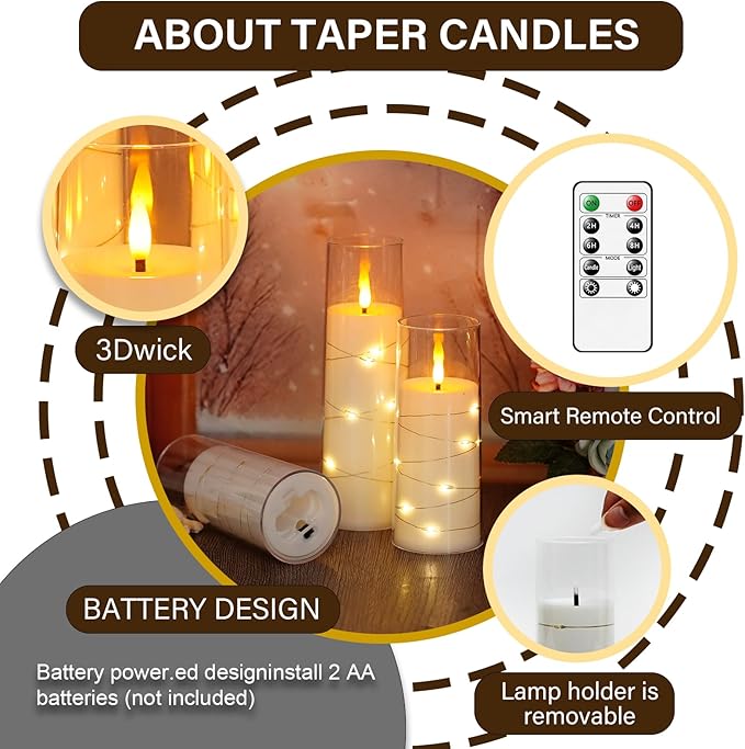 Flameless LED Candles with Timer 5 Pc Flickering Flameless Candles for Romantic Ambiance and Home Decoration Stable Acrylic Shell,with Embedded Star String,Battery Operated Candles(White)