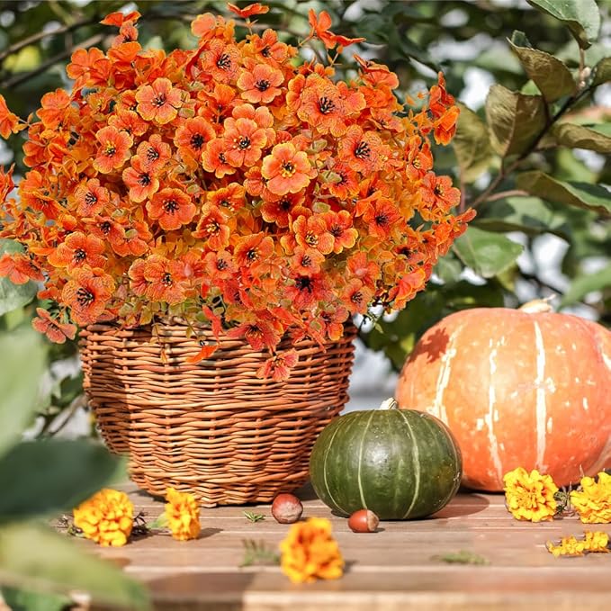 12 Pack Artificial Fall Flowers Orange Autumn Indoor Outdoor Floral Stems Faux Silk Violet Flower for Home Garden Porch Window Yard Wedding Thanksgiving Decoration Table Centerpiece Decor