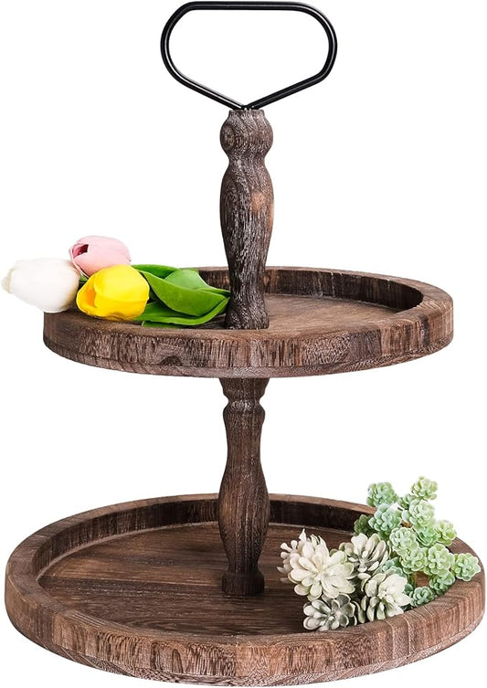 Mustry Rustic Wooden 2 Tiered Tray, Round Farmhouse Kitchen Table Decor Serving Tier Tray, Food Fruits Cupcake Display Coffee Bar Home Party Seasonal Decorations (Brown)