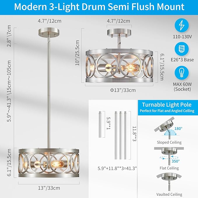 XINGQI Brushed Nickel 3-Light Rustic Ceiling Light Modern Adjustable Height Pendant Lighting Fixture Antique Drum Lamp for Living Room Bedroom Entryway Corridors 13”