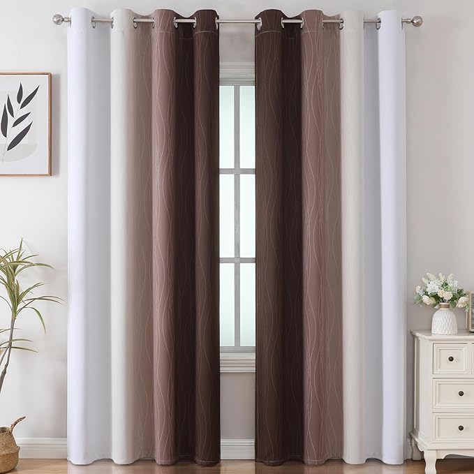 Estelar Textiler Brown and Greyish White Gradient Blackout Curtains for Sliding Door, Thermal Insulated Ombre Drapes, Full Light Blocking Energy Saving Curtains for Living Room,52Wx108L,2 Panels