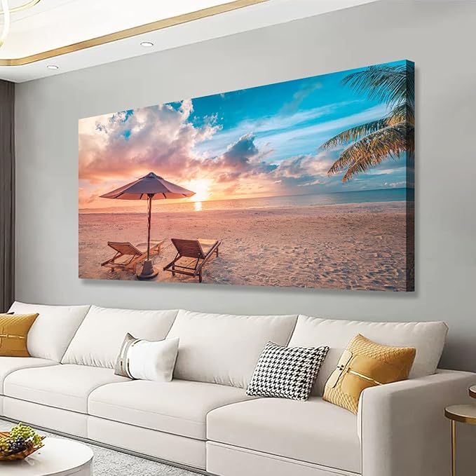 Beach Pictures Canvas Wall Art for Living room Bedroom Wall Decor,Sunset and Beautiful Clouds Wall Art Print Paitnings for home Decor,Morden Artwork Sunumbrellas and loungers Canvas Art