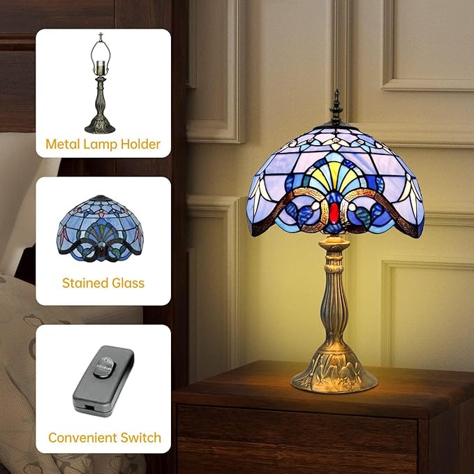 YingJu Tiffany Lamp,Blue Stained Glass Lamp,12X12X19 Inches Vintage Table Lamp for Bedroom,Living Room,Home Office(Including 2 LED Bulbs)