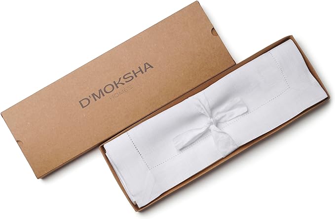 D'Moksha Homes White Linen Placemats Set of 6 - Classic Hemstitch Placemats 14 x 19 Inch - 100% Pure Linen Table Mats for Fall, Autumn and Halloween - Handcrafted and Machine Washable
