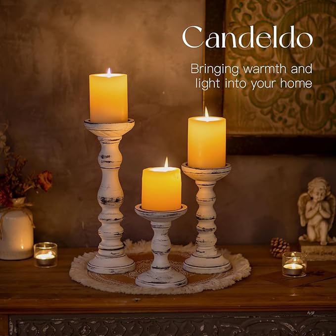Wood Candle Holders for Pillar: Rustic Candles Holder Set of 3 Tall Table Centerpiece Decor Wooden White Farmhouse Decorations for Fireplace Mantle