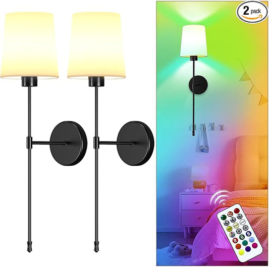 10000mAh Battery Operated Wall Sconces Set of Two, Wireless Sconces Set of 2 Wall Light with RGB Rechargeable Magnetic Bulb, Sconces Wall Decor Set of 2 for Bedroom Living Room, Black