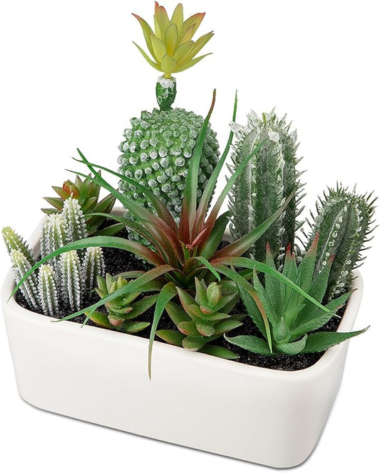 Artificial Succulents Plants in Ceramic Planter, Assorted Green Fake Plants in White Pots, Fake Succulents Plants Artificial with Ceramic Potted for Bathroom Home Office Living Room Table Decor