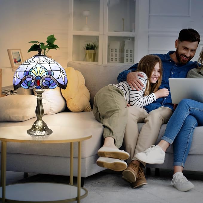 YingJu Tiffany Lamp,Blue Stained Glass Lamp,12X12X19 Inches Vintage Table Lamp for Bedroom,Living Room,Home Office(Including 2 LED Bulbs)