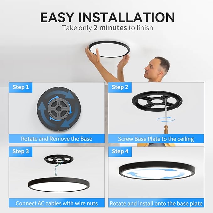 3200lm LED Flush Mount Ceiling Light, Super Slim 12 inch LED Ceiling Light, 5000K LED Ceiling Light for Bedroom, Living Room, Dining Room (Black, One Pack)