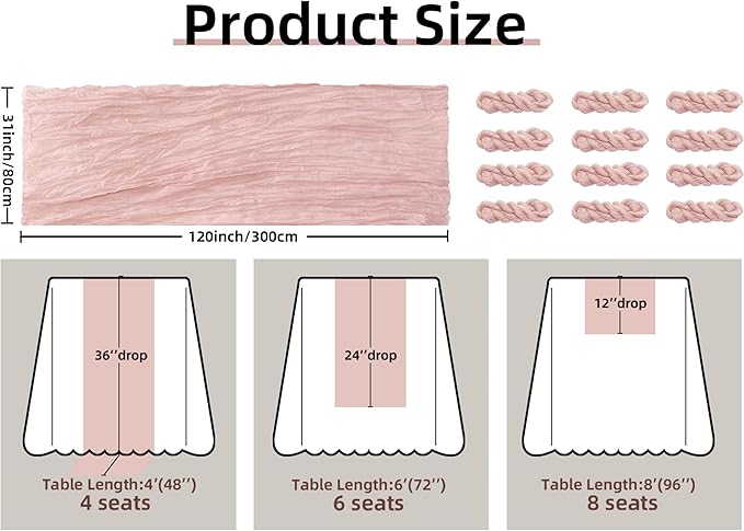 FEXIA 12 Pack Table Runner Dusty Pink Cheesecloth 35x120 Inches Boho Gauze Table Runner Burnt for Wedding Decor Reception Bridal Shower Centerpiece Engagement