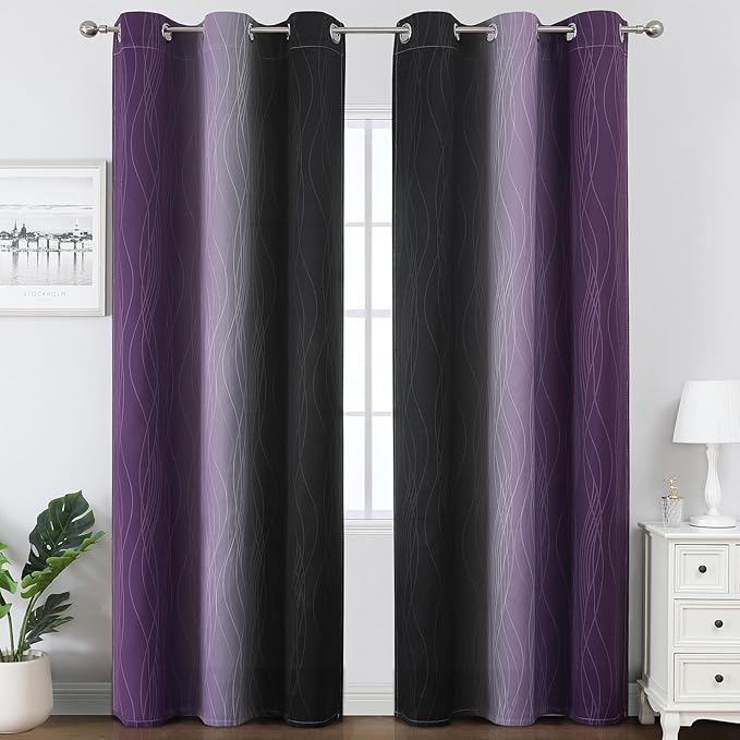 Estelar Textiler Purple and Black Blackout Curtains for Living Room, Full Room Darkening Ombre Curtains for Bedroom, Thermal Insulated Light Blocking Gradient Grommet Drapes, 42Wx84L, 2 Panels