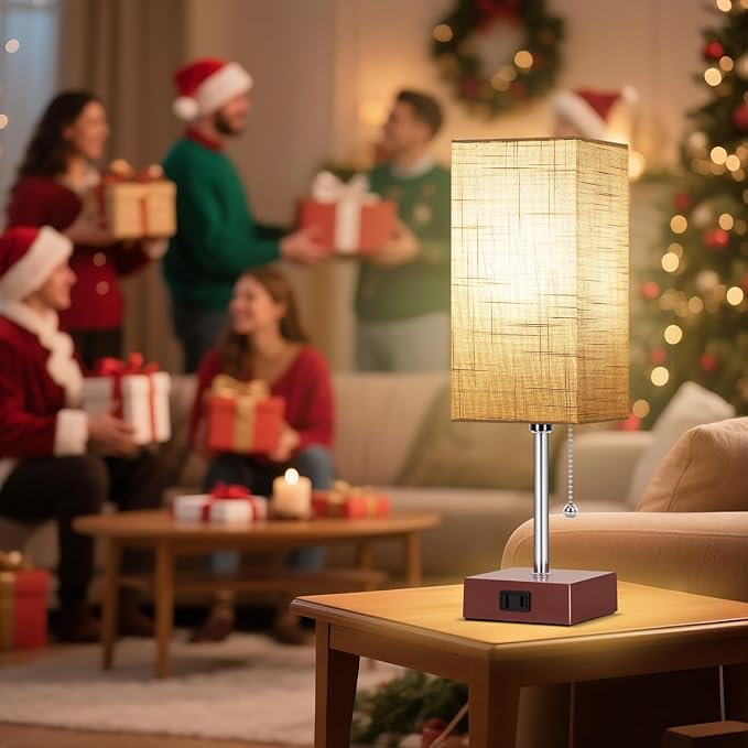 Bedside Table Lamp for Bedroom Nightstand, 3 Color Pull Chain Nightstand Lamps Set of 2 with AC Outlets, Square Gray Lampshade Bedside Lamp for Living Room, Office Desk, LED Bulb Included