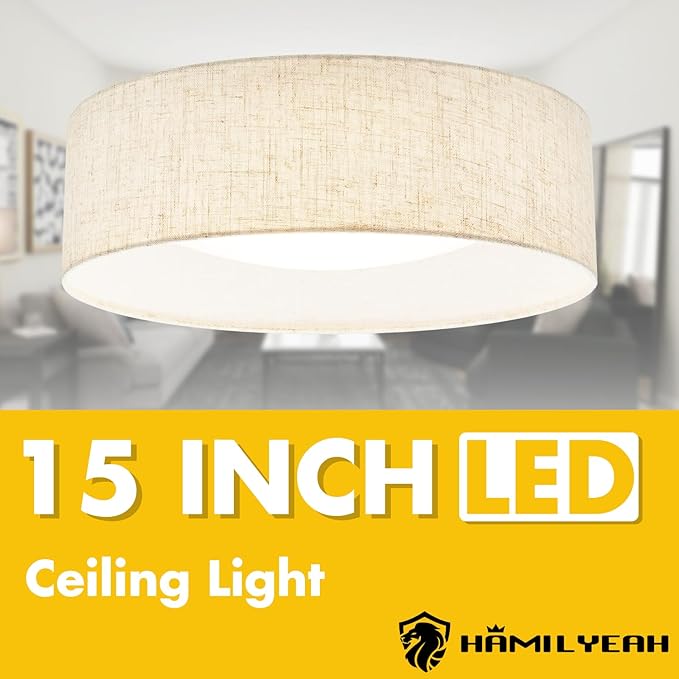 Hamilyeah 15 inch Ceiling Light Flush Mount Set of 2, LED Kitchen Lighting Fixture Ceiling Mount with Fabric Shade, 5CCT Drum Ceiling Light Fixture Overhead for Living Room, Kitchen, Bedroom, Hallway