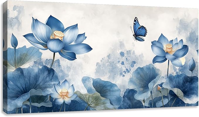 Zen Canvas Wall Art Large Blue Lotus Aesthetic Pictures Wall Decor for Yoga Meditation Room Bedroom Living Room Office Decor Poster Prints Painting Framed Artwork 48L x 24W