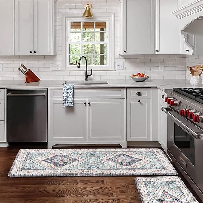 KIMODE Anti Fatigue Kitchen Mats,Boho Vintage Kitchen Rugs Sets of 2,Non Slip Waterproof Kitchen Floor Mats,Ergonomic Cushioned Comfort Standing Mat for Laundry,Office,Sink,Desk,Blue