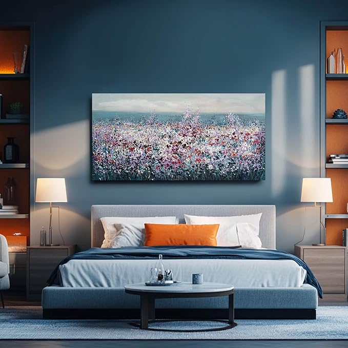 CHUDANHAO Blue Coastal Wall Art Colorful Wall Decor Flowers Canvas Prints for Office 29x58 Inch Large Landscape Painting for Living Room Bedroom