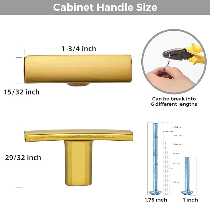 10 Pack Gold Cabinet Knobs - Curved Cabinet Pulls Brushed Brass Knobs for Kitchen Cabinet Drawer Solid Dresser Knobs for Cabinet Hardware 1-3/4in Length Single Hole