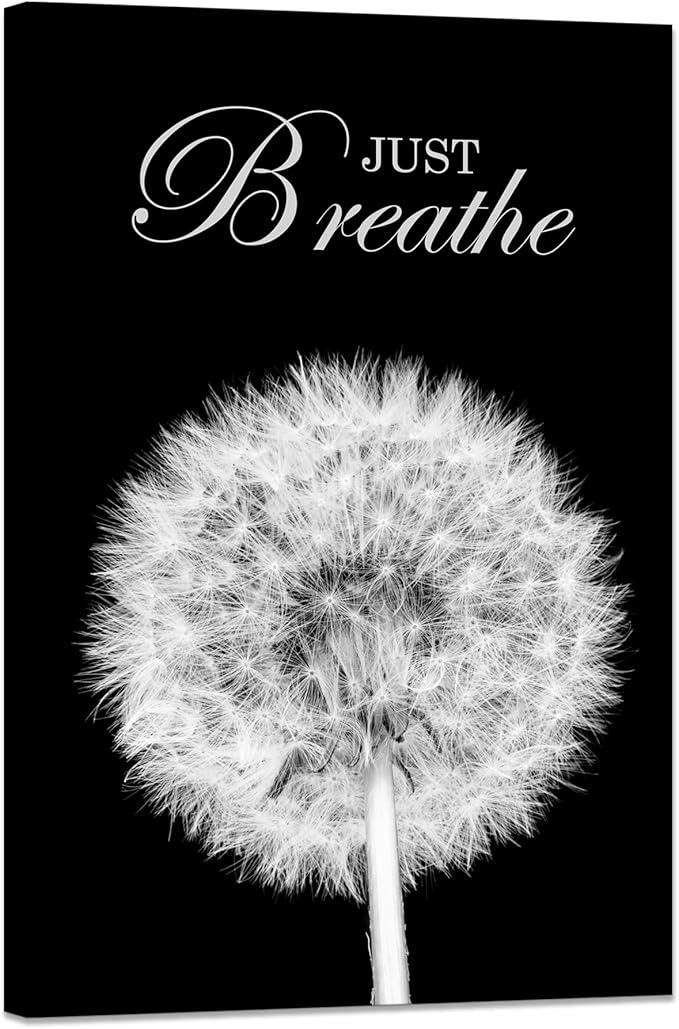 YIOZHAOFH Black Dandelion Picture Artwork Bedroom Decoration Just Breathe Canvas Painting Photo Relaxing Meditation Art Wall Decor Framed for Home Room Office Dorm (16L x 24W)