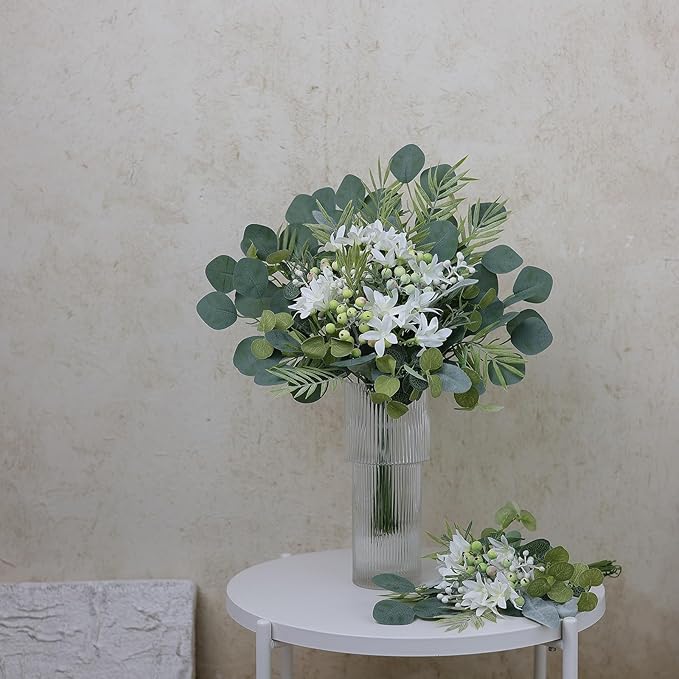 FOTEEWL 75 Pcs Artificial Greenery Stems Box Set,with 8 Kinds of Faux Plants and Fake Flowers for DIY Bridal Bouquets Wedding Floral Arrangement Table Centerpieces Decoration (Sage Green)