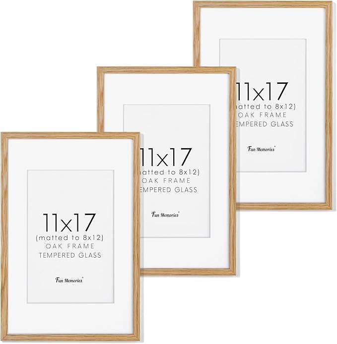 11x17 Picture Frame Set of 3, Solid Oak Wood Photo Frame 11"x17", 11 by 17 Poster Frames for Wall, 11 x 17 Frame with Mat for 8 x 12, Tempered Real Glass, 11x17 Inch Wood Frame (Oak Color, 3 Pack)