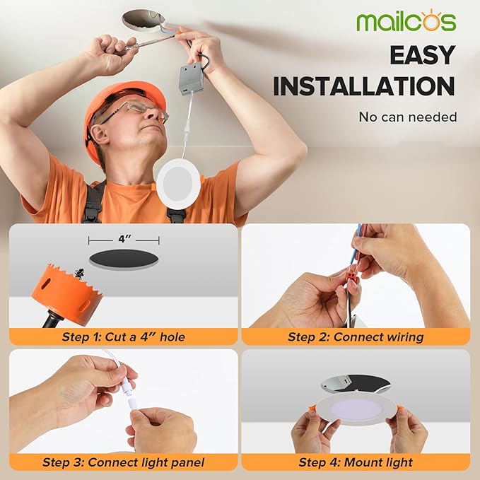 MAILCOS 12 Pack 4 Inch 5CCT Ultra-Thin LED Recessed Ceiling Light with Junction Box, 2700K-5000K Selectable, 810LM High Brightness, Dimmable Canless Wafer Downlight, 9W 120V, ETL