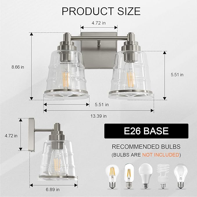 Brushed Nickel Bathroom Vanity Light Fixture, 2 Light Bathroom Light Fixtures Over Mirror with Clear lampshade and Metal Base Sconce,13.4 Inch Modern Vanity Light for Bathroom(Exclude E26 Bulb)