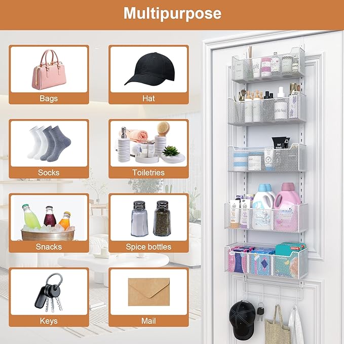 Over The Door Organizer, Metal Door Organizer Hanging with 5 Adjustable Baskets and Coat Hook, Behind The Door Storage for Bedroom Closet Bathroom Pantry Cabinet Kitchen, White