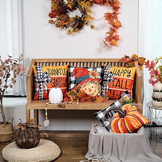 GEEORY Fall Throw Pillow Covers 20x20 Inch Set of 4, Pumpkin Scarecrow Buffalo Plaid Orange Autumn Seasonal Decorative Farmhouse Decoration for Home G563-20