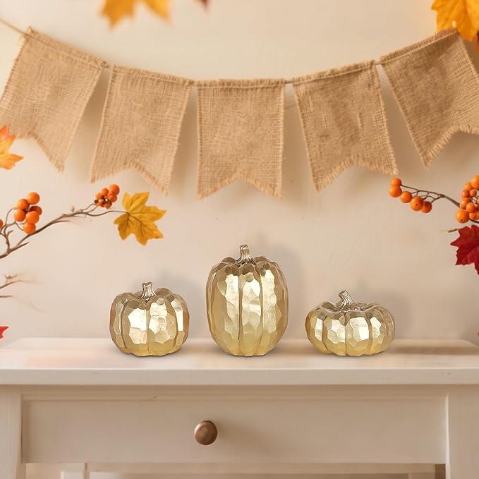 winemana 3 Pack Gold Pumpkins for Decorating – Fall & Thanksgiving Decorations for Home, Table, Fireplace Mantel, Office, Elegant Decorative Pumpkin Autumn Indoor Decor