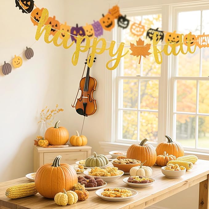 Totelux Happy Fall Banner Decoration Glitter Maple Leaf Sign Gold Orange Autumn Hanging Banner for Wall Home Office Decor Thanksgiving Party Supplies