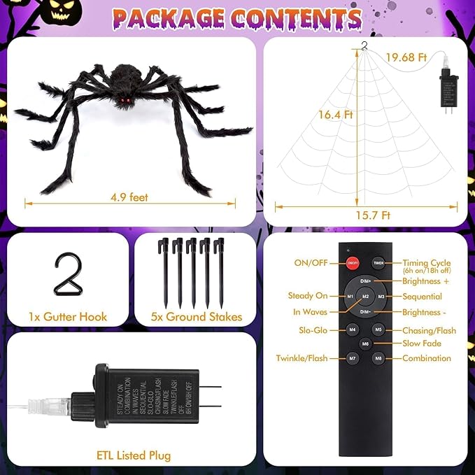 Halloween Decorations Spider Web: Halloween Spider Web Light 250 Purple & Orange LED Lights 59" Giant Spiders Scary Halloweens Decorations Outdoor Indoor for Party Garden Yard Home Haunted House Decor