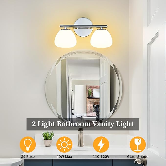 Modern 2 Light Bathroom Vanity Light Chrome Vanity Light Bathroom Light Fixtures Over Mirror with Milk Glass Shade Bathroom Wall Sconce