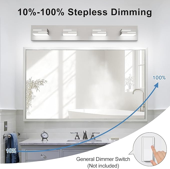 LED Modern Bathroom Vanity Light Fixtures,4-Light 28-inch Dimmable Brushed Nickel Vanity Lights for Bathroom Lighting Fixtures Over Mirror, with 350° Rotatable Acrylic Heads (Cool White 6000K)