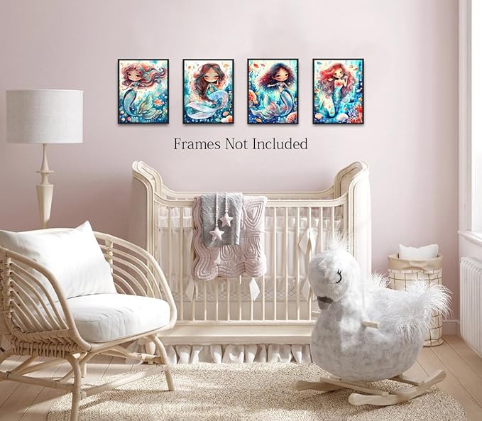Mermaid Bathroom Decor Wall Art,Mermaid Decor Prints,Sea-Maid Nursery Wall Art Prints Animal Room Decor for Girls Bedroom Kids Bedroom Nursery Set of 4(8"x10"Unframed)