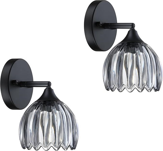 2 Pack 1 Light Vintage Wall Sconces Tulip Gray Glass Lampshade Hradwired Modern Black Wall Lighting Fixture for Bedside Bedroom Doorway