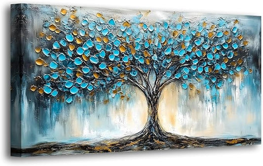 Blue Tree Pictures Canvas Wall Art for Living room Office Bedroom Wall Decor,Abstract Wall Art Print Modern Noble Blue Tree Oil Painting Artwork Waterproof Ready to Hang-20x40inch