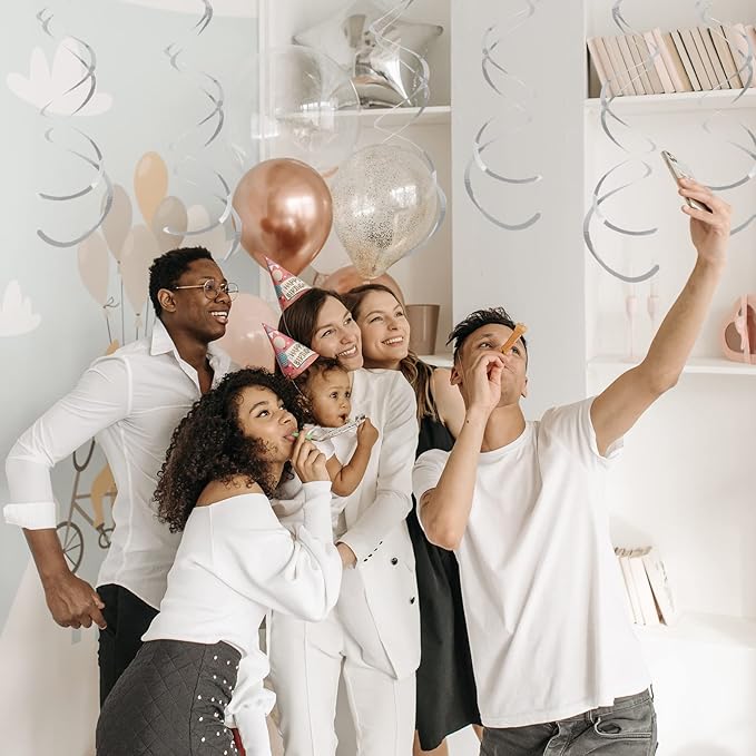 30 Pieces Silver Party Swirl Decorations Foil Swirl Hanging Decoration Plastic Streamer for Ceiling, Whirls Decorations for Birthday Wedding Anniversary Party Decorations